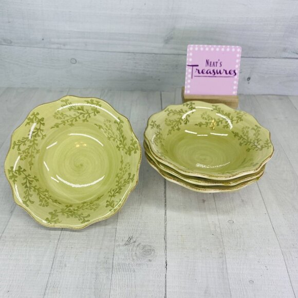 Home HMQ33 Green Flower Buds On Light Green Scalloped Round 8" Soup Bowls Set 4